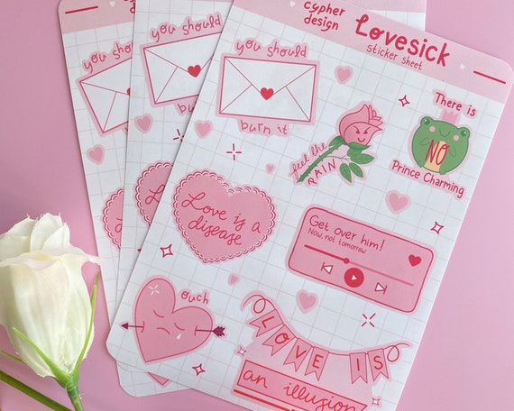 Kawaii Sticker sheet, Frog Aesthetic,  Love Gift, Ironic Stickers, Gift for friend, Heart Decal, Rose Sticker, Toad Lily, Polco, Kawaii Art