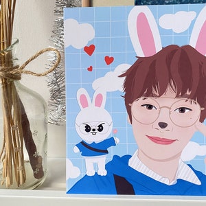 Stray Kids Kunstdruck, Lee Know, Kpop Wanddekoration, Kawaii Bunny, Grußkarte, Geschenk für kpop Fan, K-pop Merch, SKZ, Stray Kids Lee Know