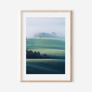 Italian Countryside Sunrise Landscape – Foggy Rolling Hills with Birds – Le Marche Italy Wall Art Print