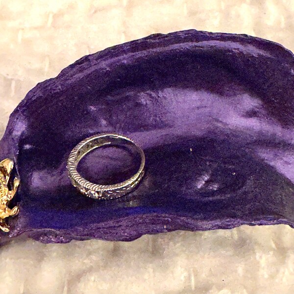 Elegant Royal Purple genuine Tomales Bay Oyster shell ring dish, key dish, or trinket dish with ladybug jewel.