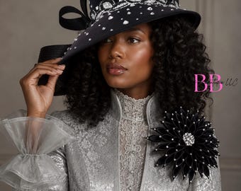 Church Hat Black Satin Rhinestones Embellished Bucket Hat