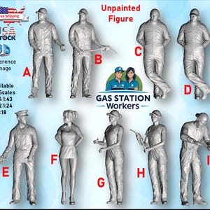 May include: A collection of unpainted gas station worker figures in various poses. The figures are wearing work uniforms and hats. The image includes text that says "Unpainted Figure" and "Gas Station Workers". Available in multiple scales.