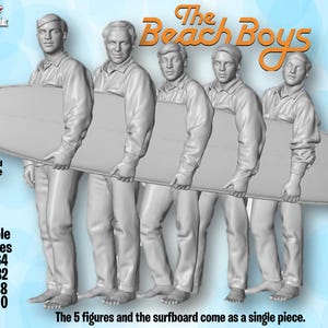 May include: A gray, unpainted 3D printed figure set depicting five individuals standing in a row, collectively holding a single long surfboard. The text "The Beach Boys" appears in orange above the figures, with additional text detailing scales.