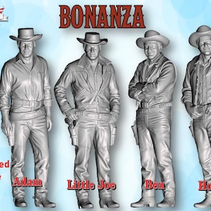 May include: Four unpainted 3D printed figures representing the characters Adam, Little Joe, Ben, and Hoss from Bonanza. Each figure wears a cowboy hat, long-sleeved shirt, trousers, and a gun holster. The figures are rendered in a monochromatic gray.