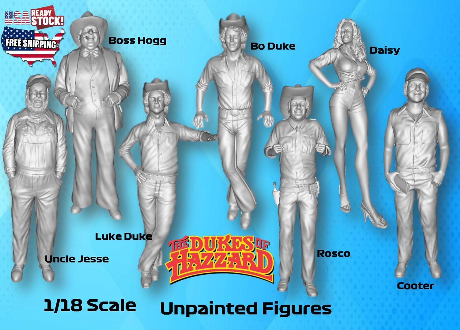 Dukes Of Hazzard UNPAINTED Resin Figures 1/18 Scale USA Stock