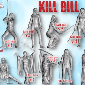 以下が含まれることがあります： Kill Billのキャラクターを表現した、塗装されていないグレーの3Dプリントフィギュア9体セット。主人公の4つのバージョン、オーレン・イシイの2つのバージョン、ゴーゴー夕張、エル・ドライバー、ビルのフィギュアが含まれています。