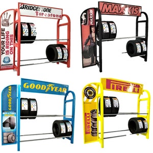 Tire Rack Exhibitor (Includes 4 tires) at 1/18 Scale Diorama Garage