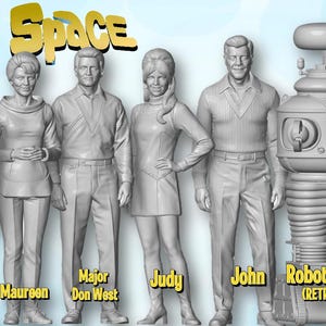 May include: A collection of unpainted 3D printed figures from Lost in Space, including Dr. Zachary Smith, Will, Penny, Maureen, Major Don West, Judy, John, and two versions of Robot B-9, one with retracted arms and one with extended arms.
