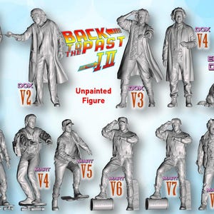 May include: A selection of unpainted figures from "Back to the Future Part II". The figures depict characters in various poses, including one with a dog. The figures are available in different scales.