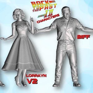 May include: Unpainted 3D-printed figures of characters from "Back to the Future Part II". The figures include Lorrayn V1, Lorrayn V2, Biff, and Georget. The figures are available in various scales, as indicated in the image.
