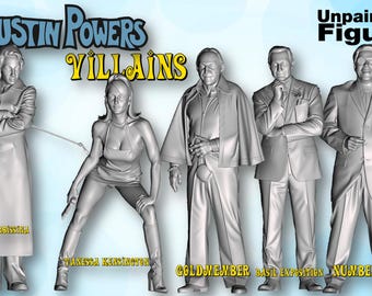 Action figure Austyn Power Villains in resina non verniciata, scale 1/87, 1/64, 1/43, 1/32, 1/24, 1/18, 1/12, disponibili negli Stati Uniti.