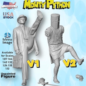 Könnte beinhalten: Zwei unbemalte graue 3D-gedruckte Figuren mit der Beschriftung V1 und V2. V1 ist eine Person in Anzug und Hut, die einen Aktenkoffer hält und ein Bein hochhebt. V2 ist ein Ritter mit Helm und Tunika, der ein Bein hebt, inklusive Schwert und Hand.