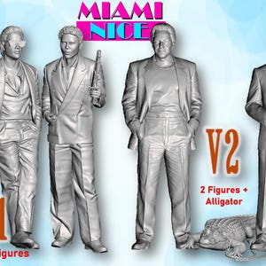 Op de afbeelding: Een verzameling ongeverfde figuren, waaronder twee versies met de labels V1 en V2. V1 bevat twee figuren, terwijl V2 twee figuren en een alligator bevat. De figuren zijn gekleed in pakken. De tekst "Miami Nice" is ook aanwezig.