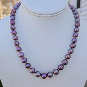 May include: A necklace of iridescent, dark purple pearls displayed on a white bust. The pearls have a lustrous sheen, reflecting shades of pink and blue. The necklace is a classic strand of evenly sized, round pearls, suitable for formal or casual wear.