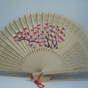 Asian Wood Carved Scented Handheld Folding Fan Hand Painted Floral Flowers