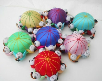 Pin Cushion Handmade Asian Satin & 6 Cute Kids New Vintage 1 Ct