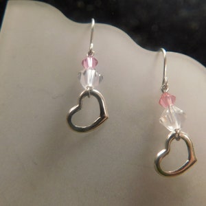 925 Silver Open Heart Dangle Earrings with Pink White Crystals Vintage