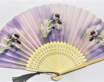 Lady Bugs Insects Flowers Floral Silk Nylon Handheld Fan Folding Hand Fan Lady Bug Fans