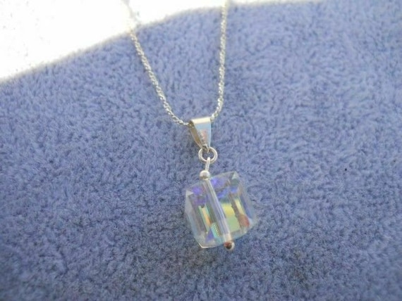 Rainbow Crystal Cube 925 Sterling Silver Pendant … - image 2