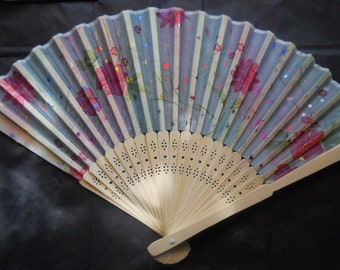 Colorful Silk Fan with Flowers and Stars Handheld Fan Folding Fans Asian #0705