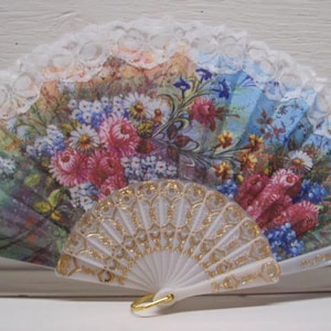 Asian Cloth with White Lace Embroidered Folding Hand Fan  n59