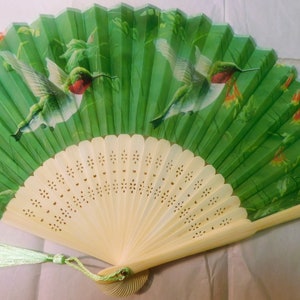 Hummingbirds With Flowers Birds Silk Nylon Handheld Fan Folding Hand Fan Handmade