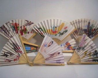 6 pc Chinese Asian Paper Hand Held Folding Fan Set Mixed Fans #88,90 Vintage