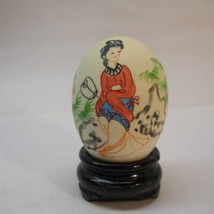 Asian Lady in Red & Fan Hand Painted Eggs Display Vintage  #Egg84