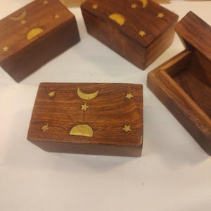 1 dt Wood Carved Box 2&quot; x 3.5&quot;  with Brass Inlay Stars Moon Sun Jewelry Stash Box