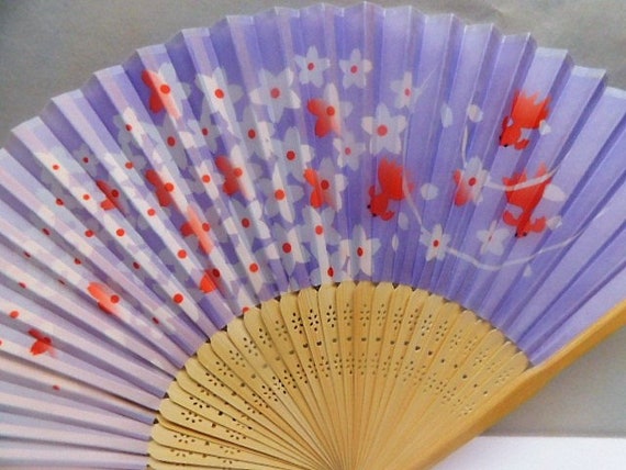 Colorful Floral w/Goldfish Silk Handheld Fan Fold… - image 4