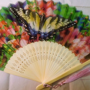 Butterfly w/ Pink Flowers Silk Nylon Handheld Fan Folding Hand Fan Handmade Butterflies