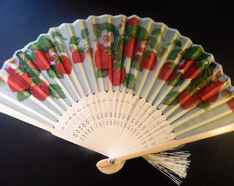 Strawberry Fruit Berries Silk Nylon Handheld Fan Folding Hand Fan Handmade