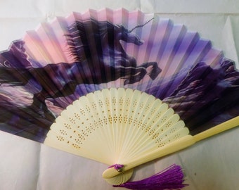 Unicorn Purple Mountains Sky Magical Silk Nylon Handheld Fan Folding Hand Fan Handmade