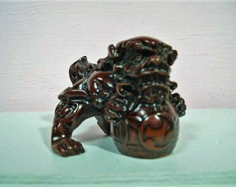 Asian Red Stone Collectible Chinese Dog Statue Figure