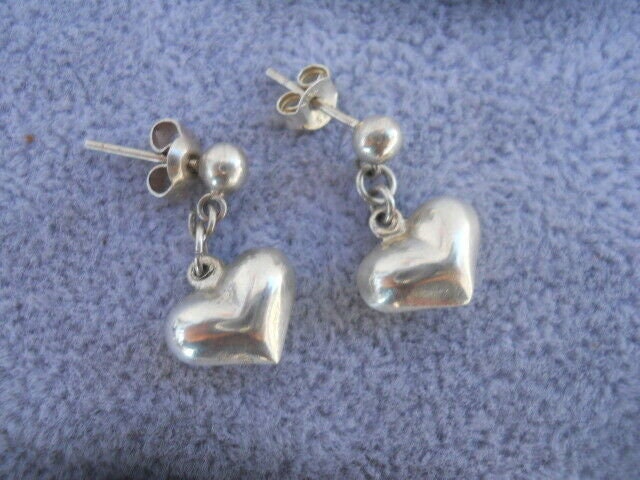 925 Sterling Dangle Heart Earrings on Posts Backs Vtg P10056 - Etsy