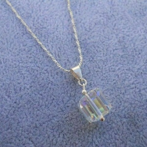 Rainbow Crystal Cube 925 Sterling Silver Pendant Necklace