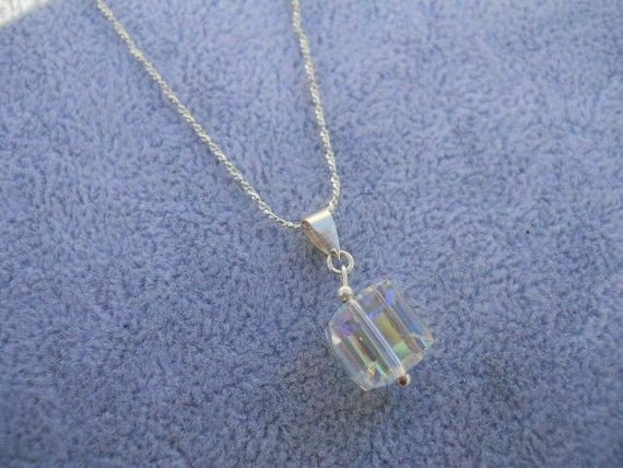 Rainbow Crystal Cube 925 Sterling Silver Pendant … - image 1
