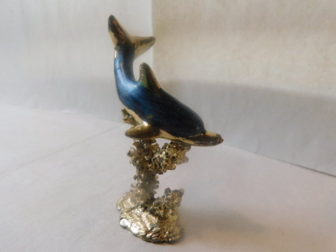 Vemars Pewter Dolphin Figurine Sculpture W/painted Enamel Blue / Gold on Ocean Reef Fish