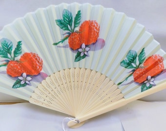 Raspberry Fruit Berries Silk Nylon Handheld Fan Folding Hand Fan Handmade Red Flower Strawberry Cherry Raspberries
