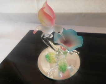 Hummingbird Flowers Art Glass Spun Blown Glass Birds & Mirror Base