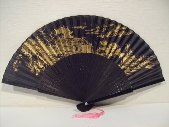 Folding Fan Chinese Hand Fan Performance Fan Nylon-Cloth Fan 13 inch (Black)
