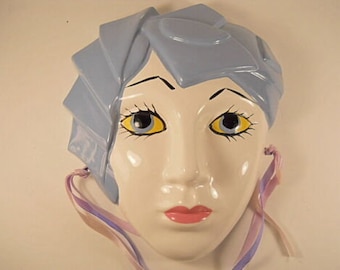 Vintage Lady Mask Decor Art Hand Painted Porcelain Wall Hanging Blue Hair Tassels