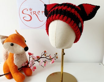 Orejas de gato de brillo de rayas rojas negras tejidas a mano sombrero de gorro de invierno de las mujeres de los niños