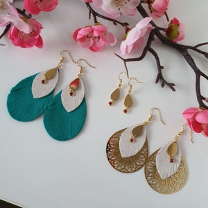 Teal White Leather Peacock Gold Earrings, Jewelry Jewellery Anniversary Gift