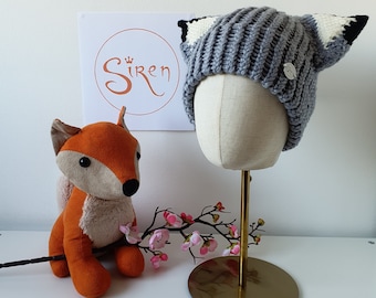 Graue Wolf Fuchs Ohren Mütze, handgemachte Katzen Ohrmütze, niedliches Tierliebhaber Geschenk, Winter Kostüm Accessoire für Kinder, Jugendliche und Erwachsene