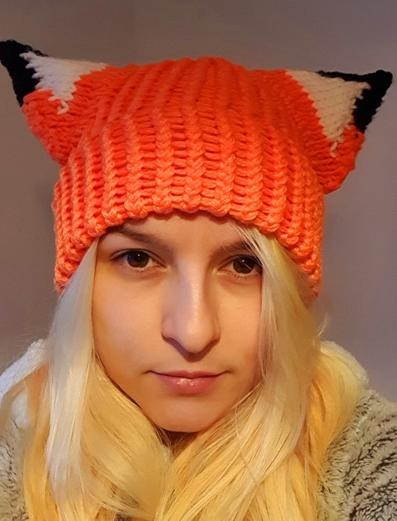 Women\'s Fox Knit Beanie - Orange, Black, and White Fox Throwback Beanie Hat Black/Orange main image 3