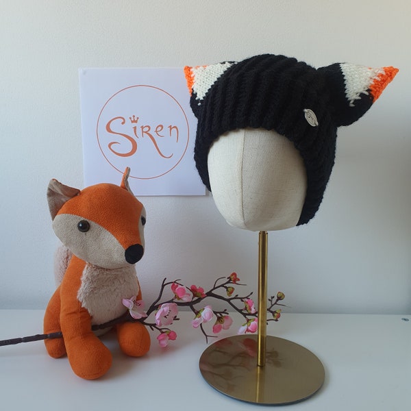 Black Orange Fox Cat Ears Hand Knitted Children's Women's Winter Beanie Hat