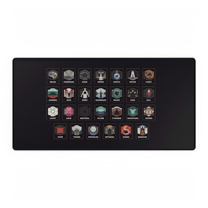 Puede incluir: Un tapete de ratón negro con 24 iconos coloridos que representan diferentes conceptos, incluyendo cerebro, comuna, oscuridad, bebida, tierra, entrar, flota, jardín, dar, dolor, guardián, corazón, colmena, matar, luz, amor, neutral, avión, pirámide, Savathun, desprecio, detener, torre, viajero, testigo, gusano y adoración.