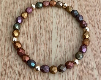 Fall bracelet, autumn bracelet, 6mm metallic bronze iris bead, 5mm 14k gold filled bead, stretch bracelet