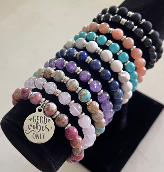 Good Vibes Only, Silver charm bracelet, gemstone bracelet,beaded stretch  bracelet